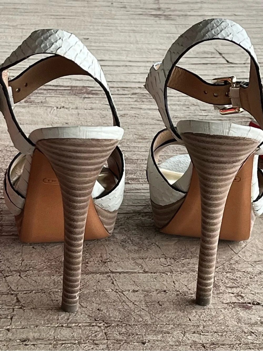 Coach White Textured Platform Slingback Sandals Heels